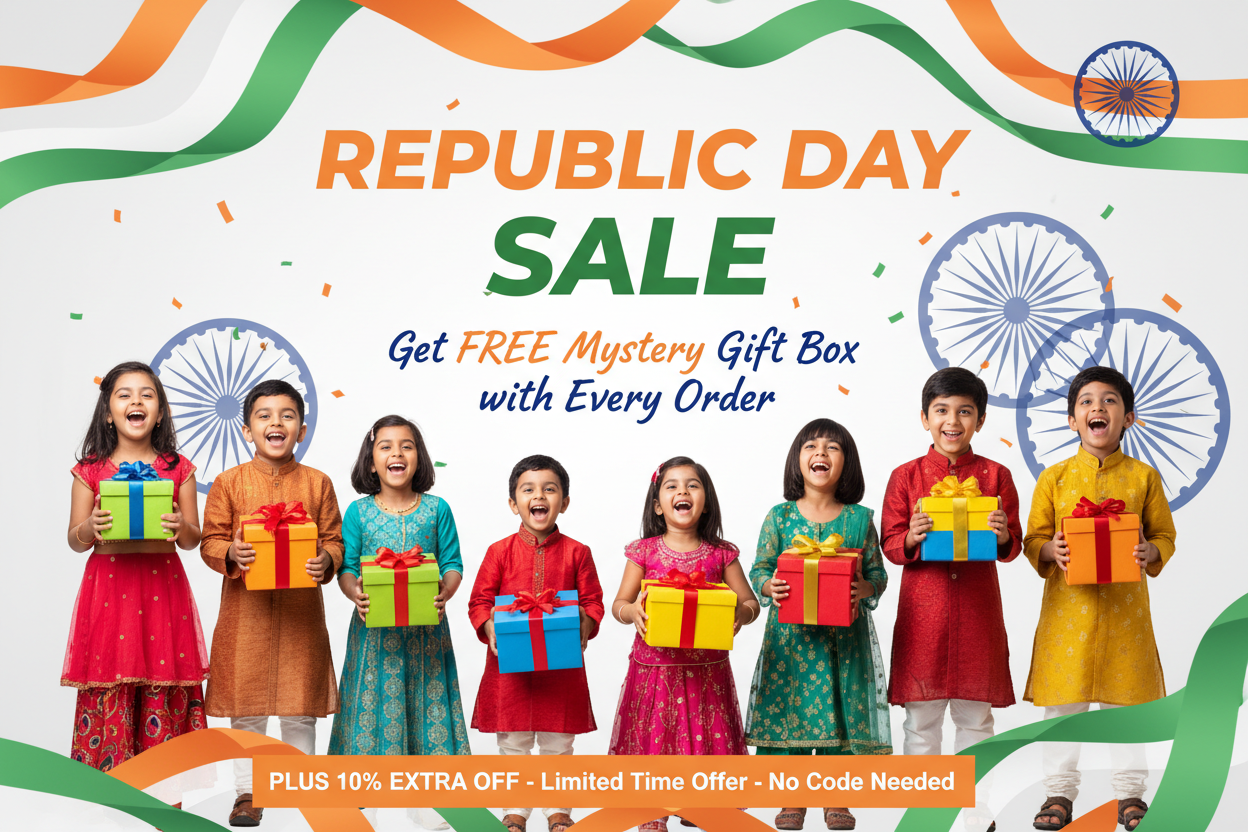 Generate a slide show image with kids holding gift box. Heading republic day sale get free mystry gift box with every order and also get 10%extra off limiter time offer no code needed. In a india flag theme with indian kids 
