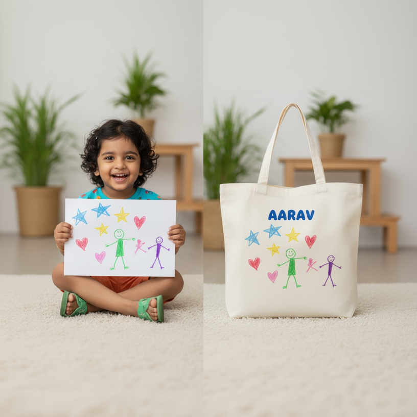 make a image a child 3+ age holding a drawing  and on the other end same drawing printed on a white tote bag with name on the top. south Indian kid 